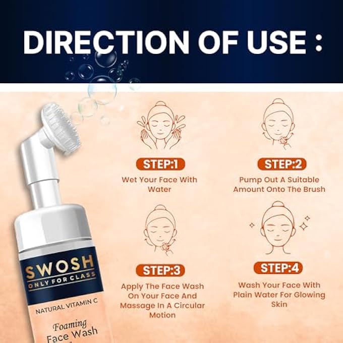 SWOSH NATURAL VITAMIN C FOAMING FACE WASH FOR PIMPLE PRONE & OILY SKIN - NO PARABENS, SULPHATE, SILICONES & COLOUR (WITH BUILT-IN FACE BRUSH), 100 ML - Image 4